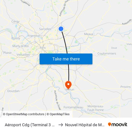 Aéroport Cdg (Terminal 3 – Roissypôle) to Nouvel Hôpital de Melun-Sénart map