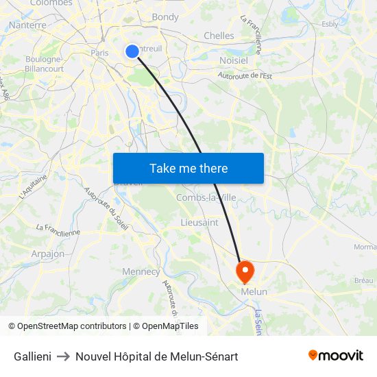 Gallieni to Nouvel Hôpital de Melun-Sénart map