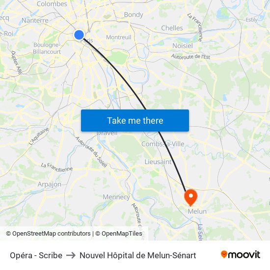Opéra - Scribe to Nouvel Hôpital de Melun-Sénart map