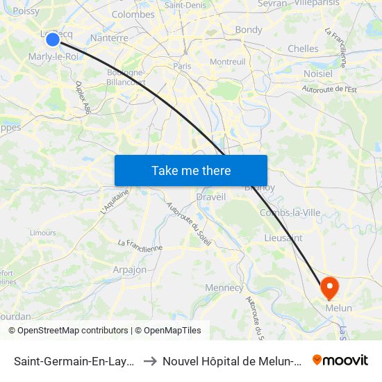 Saint-Germain-En-Laye RER to Nouvel Hôpital de Melun-Sénart map