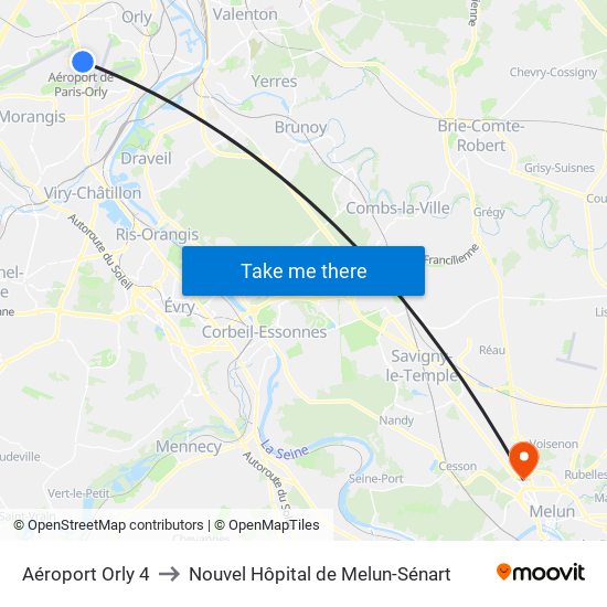 Aéroport Orly 4 to Nouvel Hôpital de Melun-Sénart map