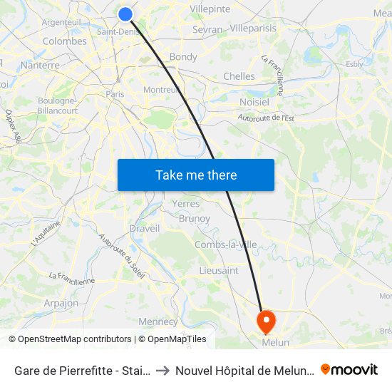 Gare de Pierrefitte - Stains RER to Nouvel Hôpital de Melun-Sénart map