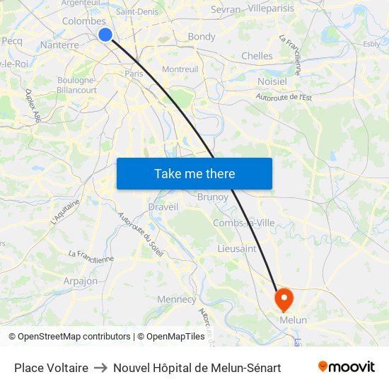 Place Voltaire to Nouvel Hôpital de Melun-Sénart map