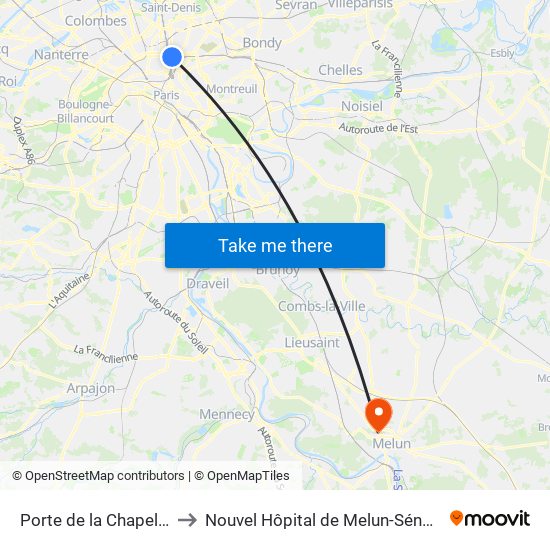 Porte de la Chapelle to Nouvel Hôpital de Melun-Sénart map