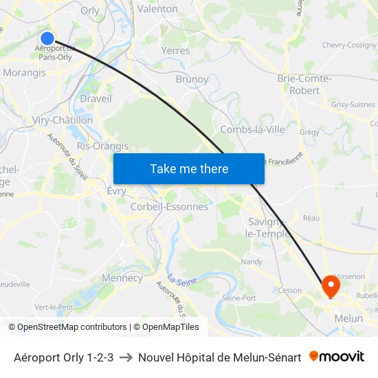 Aéroport Orly 1-2-3 to Nouvel Hôpital de Melun-Sénart map
