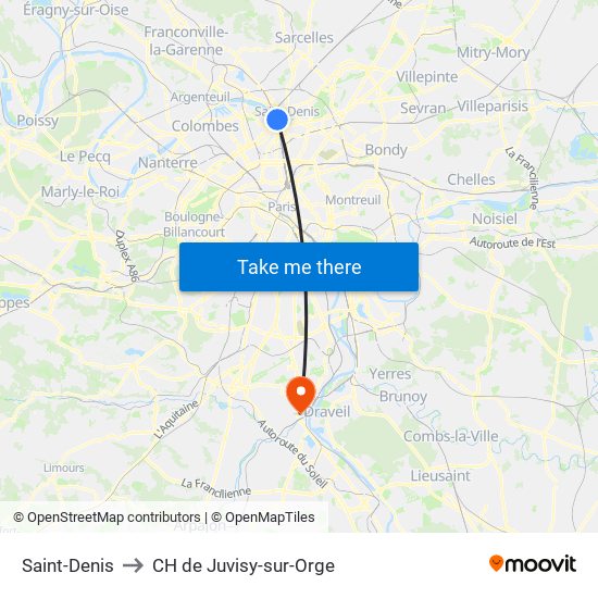 Saint-Denis to CH de Juvisy-sur-Orge map