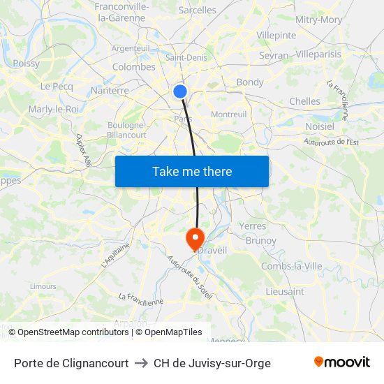 Porte de Clignancourt to CH de Juvisy-sur-Orge map