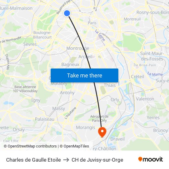 Charles de Gaulle Etoile to CH de Juvisy-sur-Orge map