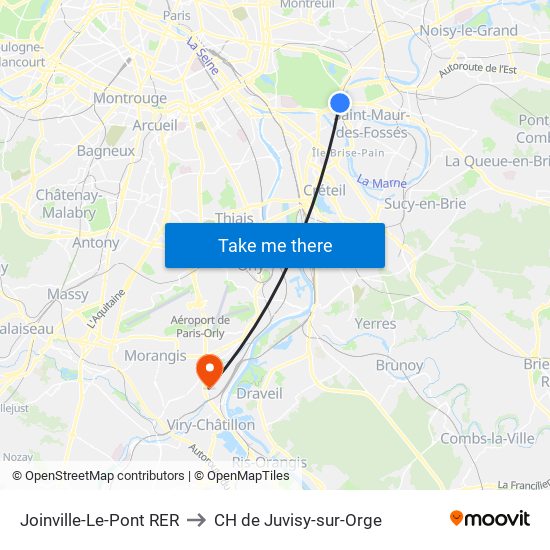 Joinville-Le-Pont RER to CH de Juvisy-sur-Orge map