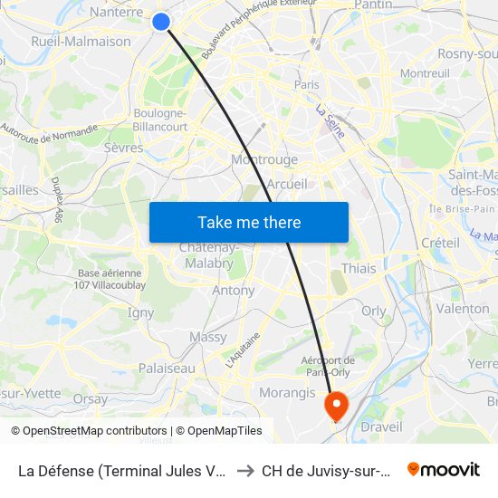 La Défense (Terminal Jules Verne) to CH de Juvisy-sur-Orge map