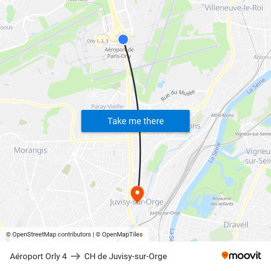Aéroport Orly 4 to CH de Juvisy-sur-Orge map