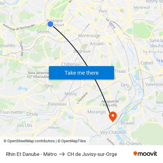 Rhin Et Danube - Métro to CH de Juvisy-sur-Orge map