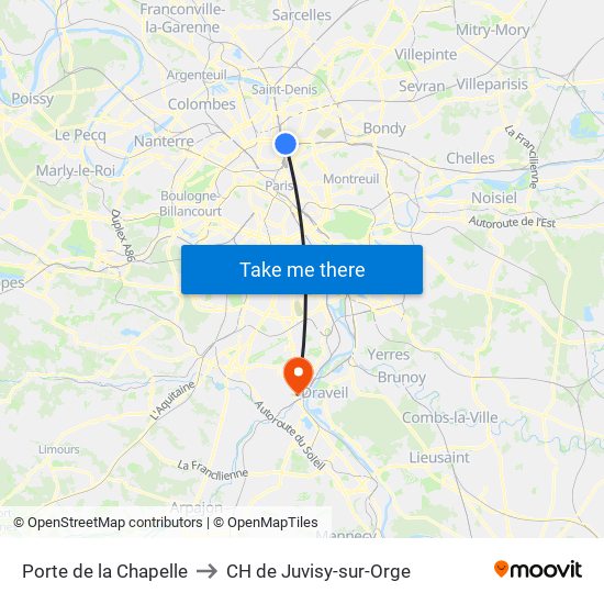 Porte de la Chapelle to CH de Juvisy-sur-Orge map