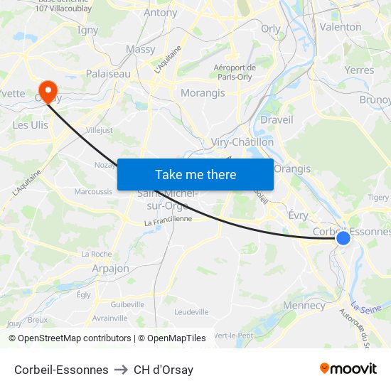 Corbeil-Essonnes to CH d'Orsay map