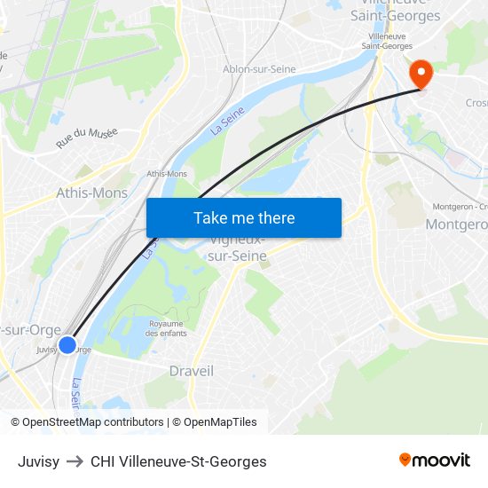 Juvisy to CHI Villeneuve-St-Georges map