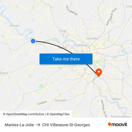 Mantes-La-Jolie to CHI Villeneuve-St-Georges map