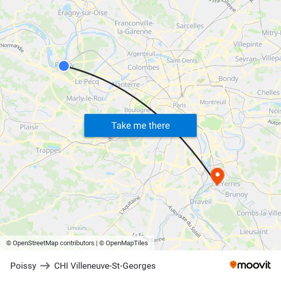 Poissy to CHI Villeneuve-St-Georges map