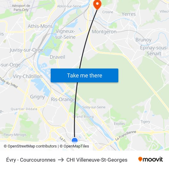Évry - Courcouronnes to CHI Villeneuve-St-Georges map