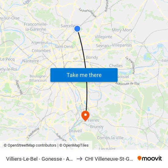 Villiers-Le-Bel - Gonesse - Arnouville to CHI Villeneuve-St-Georges map