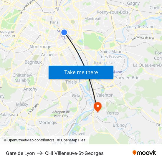Gare de Lyon to CHI Villeneuve-St-Georges map