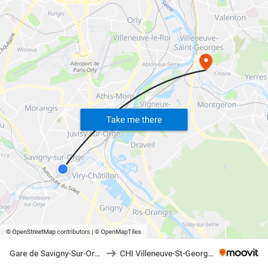 Gare de Savigny-Sur-Orge to CHI Villeneuve-St-Georges map