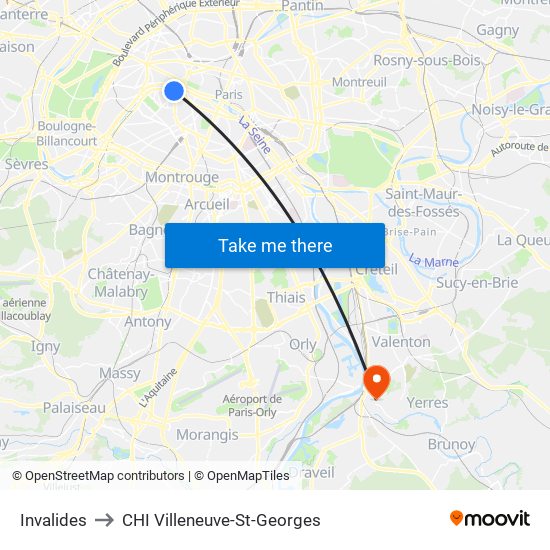 Invalides to CHI Villeneuve-St-Georges map