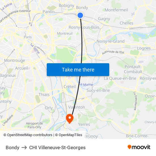 Bondy to CHI Villeneuve-St-Georges map