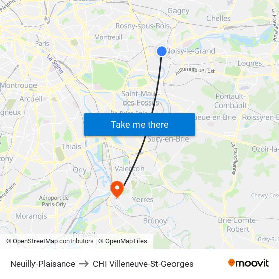 Neuilly-Plaisance to CHI Villeneuve-St-Georges map