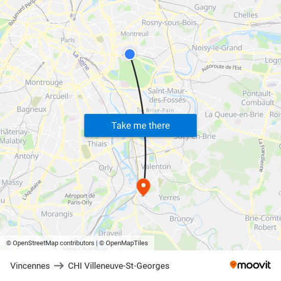 Vincennes to CHI Villeneuve-St-Georges map