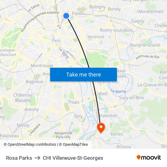 Rosa Parks to CHI Villeneuve-St-Georges map
