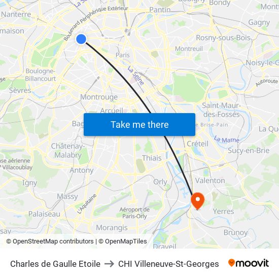 Charles de Gaulle Etoile to CHI Villeneuve-St-Georges map
