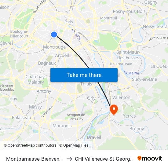 Montparnasse-Bienvenue to CHI Villeneuve-St-Georges map