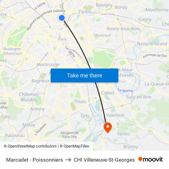 Marcadet - Poissonniers to CHI Villeneuve-St-Georges map