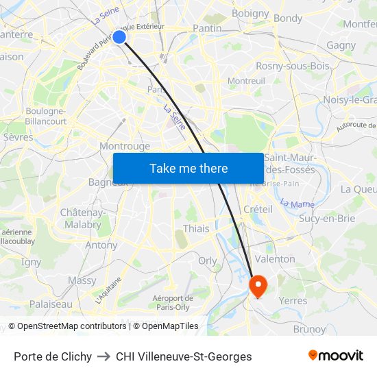 Porte de Clichy to CHI Villeneuve-St-Georges map