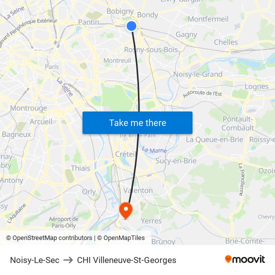 Noisy-Le-Sec to CHI Villeneuve-St-Georges map