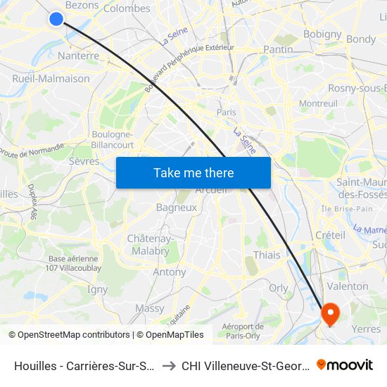 Houilles - Carrières-Sur-Seine to CHI Villeneuve-St-Georges map