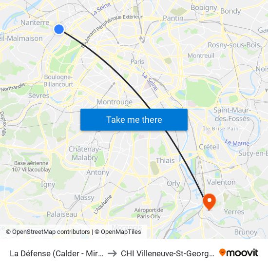 La Défense (Calder - Miro) to CHI Villeneuve-St-Georges map