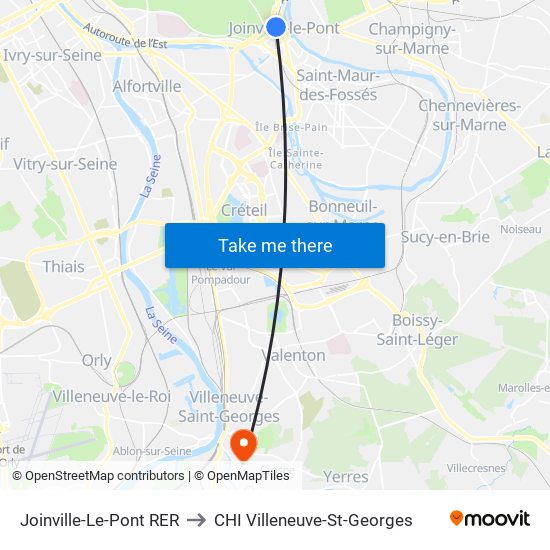 Joinville-Le-Pont RER to CHI Villeneuve-St-Georges map