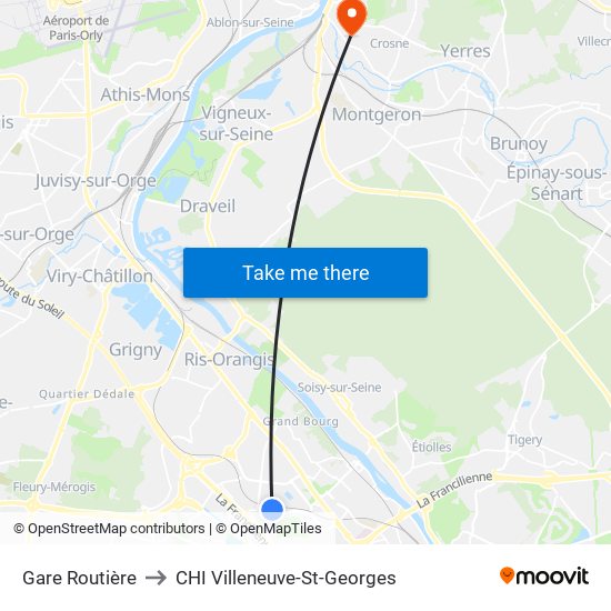 Gare Routière to CHI Villeneuve-St-Georges map