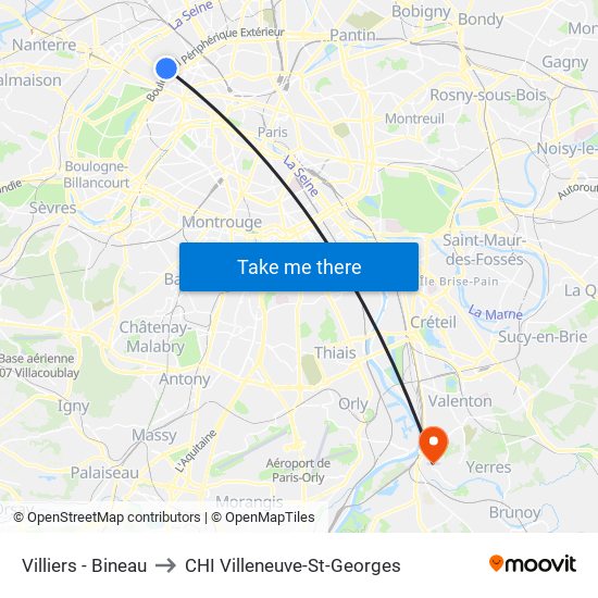 Villiers - Bineau to CHI Villeneuve-St-Georges map