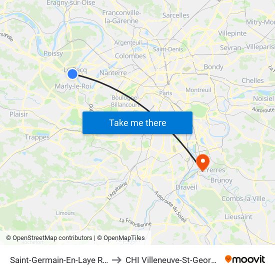 Saint-Germain-En-Laye RER to CHI Villeneuve-St-Georges map