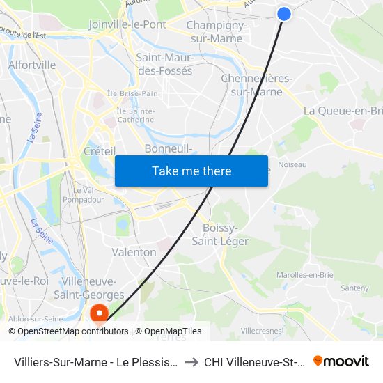 Villiers-Sur-Marne - Le Plessis-Trévise RER to CHI Villeneuve-St-Georges map