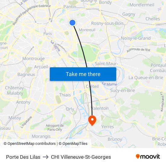 Porte Des Lilas to CHI Villeneuve-St-Georges map