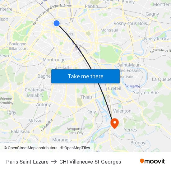 Paris Saint-Lazare to CHI Villeneuve-St-Georges map