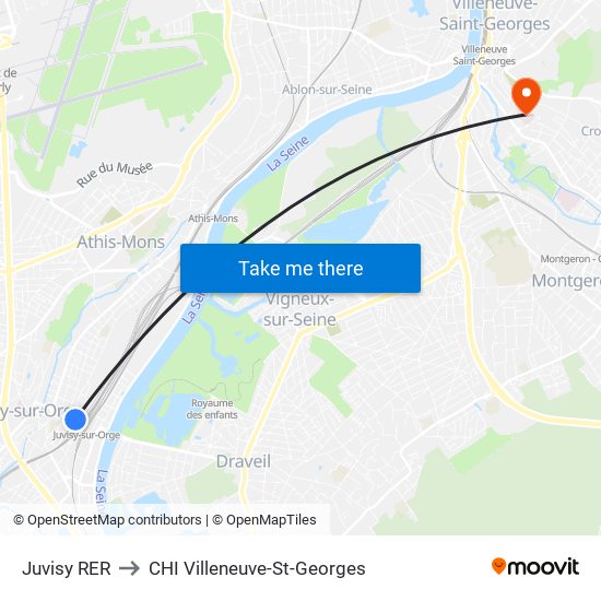 Juvisy RER to CHI Villeneuve-St-Georges map