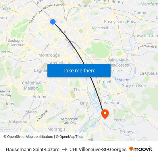 Haussmann Saint-Lazare to CHI Villeneuve-St-Georges map