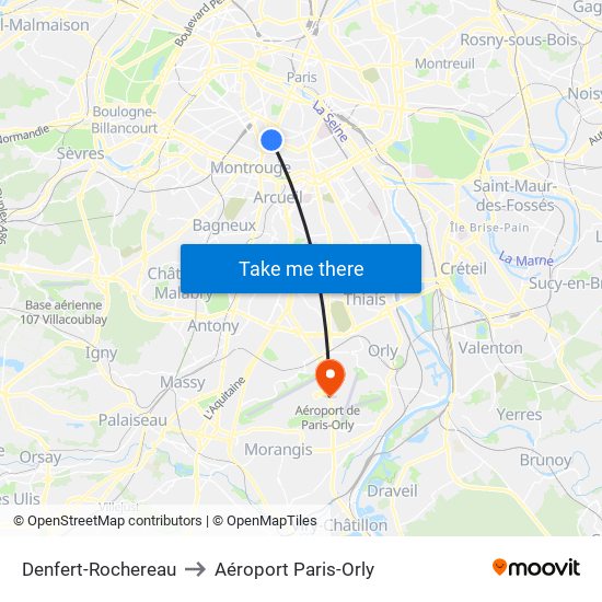 Denfert-Rochereau to Aéroport Paris-Orly map