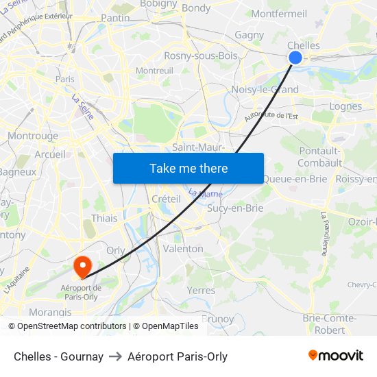 Chelles - Gournay to Aéroport Paris-Orly map