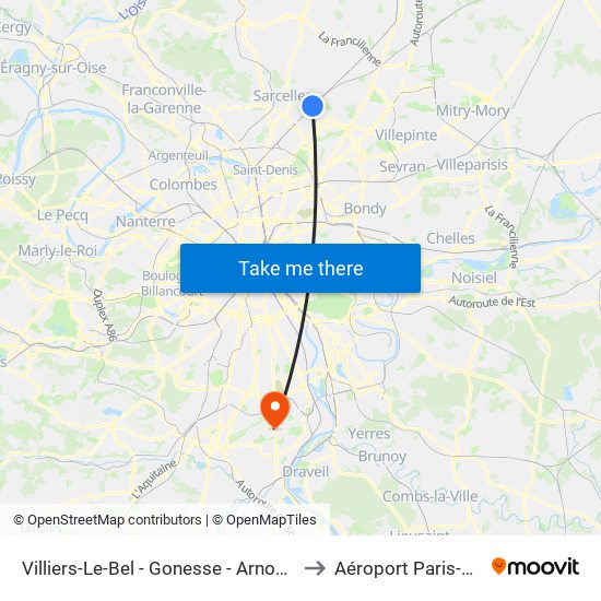 Villiers-Le-Bel - Gonesse - Arnouville to Aéroport Paris-Orly map