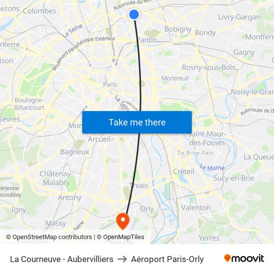 La Courneuve - Aubervilliers to Aéroport Paris-Orly map